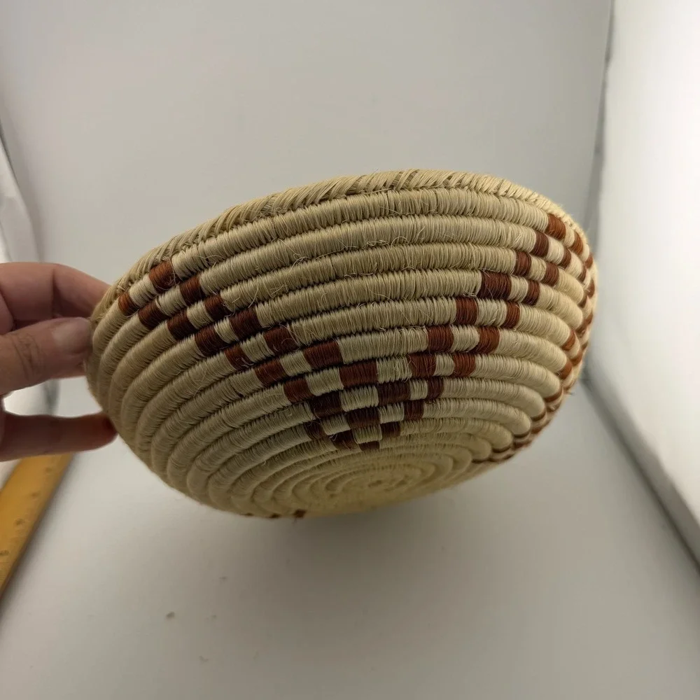 Coiled Woven Basket 9in Natural Brown Excellent Geometric Boho Tribal